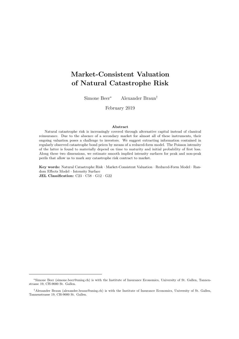 Market-Consistent Valuation of Natural Catastrophe Risk