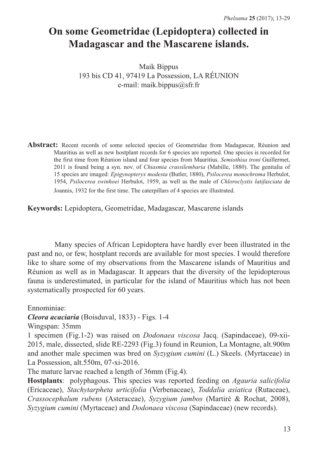 On Some Geometridae (Lepidoptera) Collected in Madagascar and the Mascarene Islands