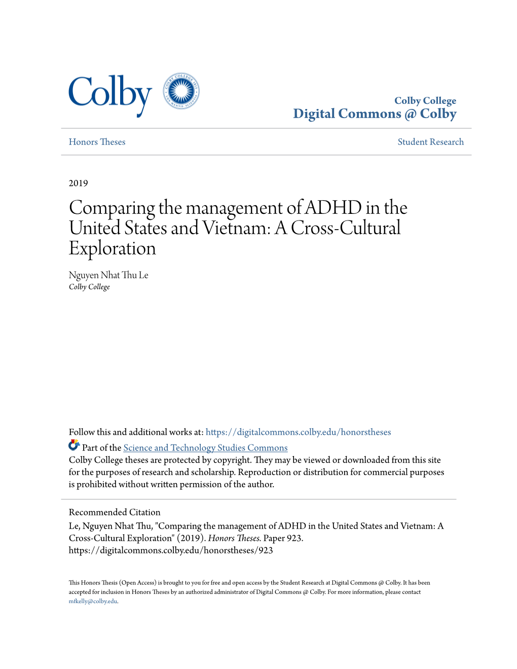 Comparing the Management of ADHD in the United States and Vietnam: a Cross-Cultural Exploration Nguyen Nhat Thu Le Colby College