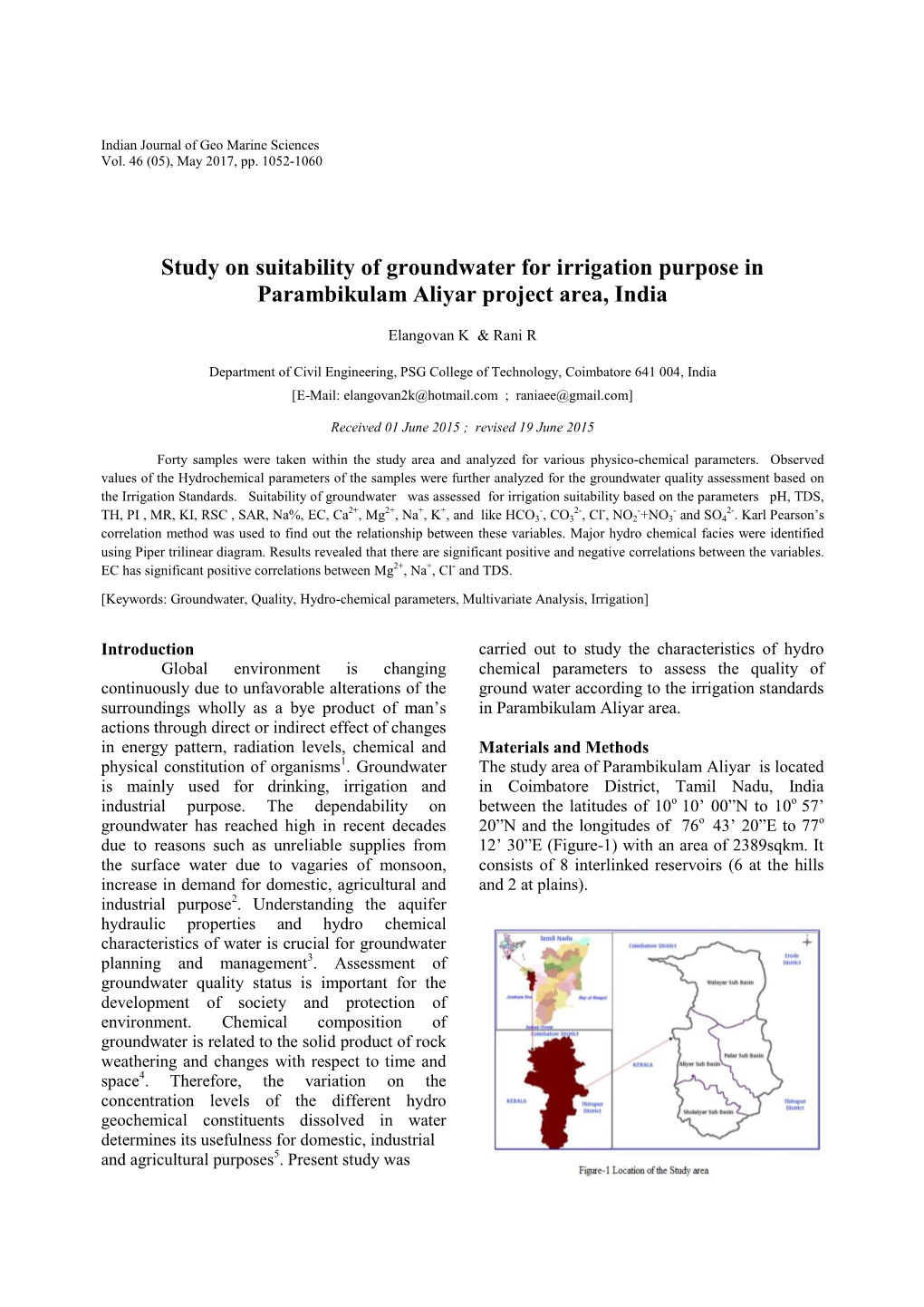 Study on Suitability of Groundwater for Irrigation Purpose in Parambikulam Aliyar Project Area, India