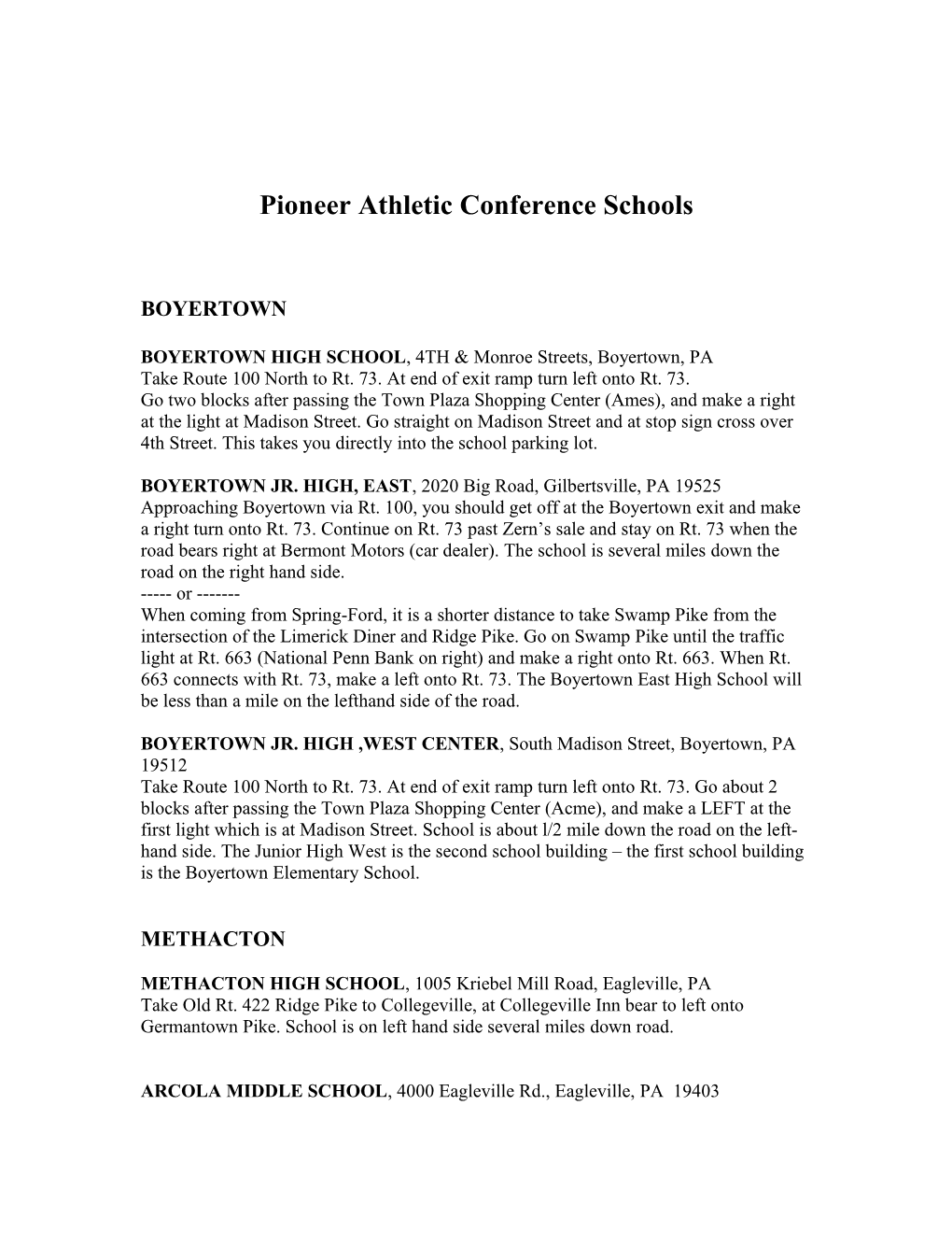 Pioneer Athletic Conference Schools