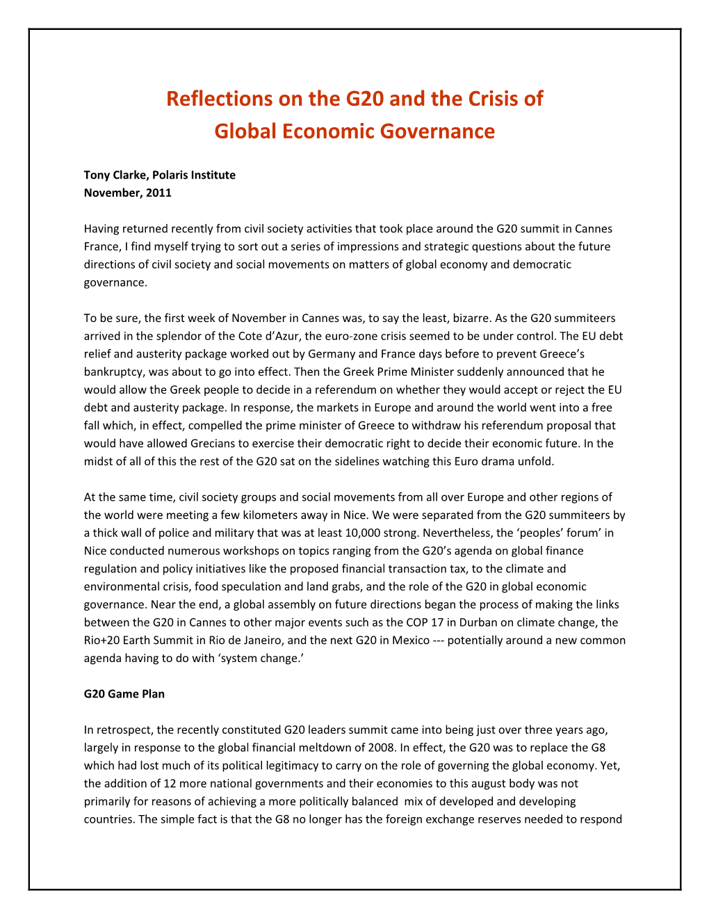 Reflections on the G20 and the Crisis of Global Economic Governance