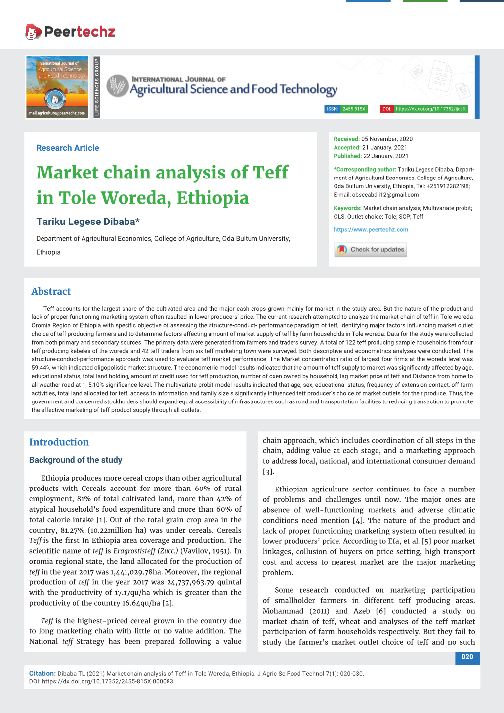 Market Chain Analysis of Teff in Tole Woreda, Ethiopia