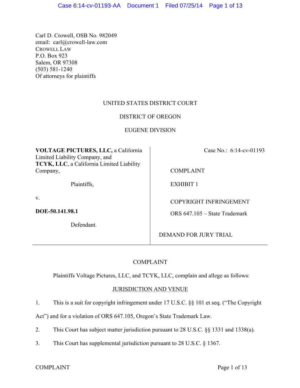 Voltage Pictures, LLC Et Al V. Doe-50.141.98.1