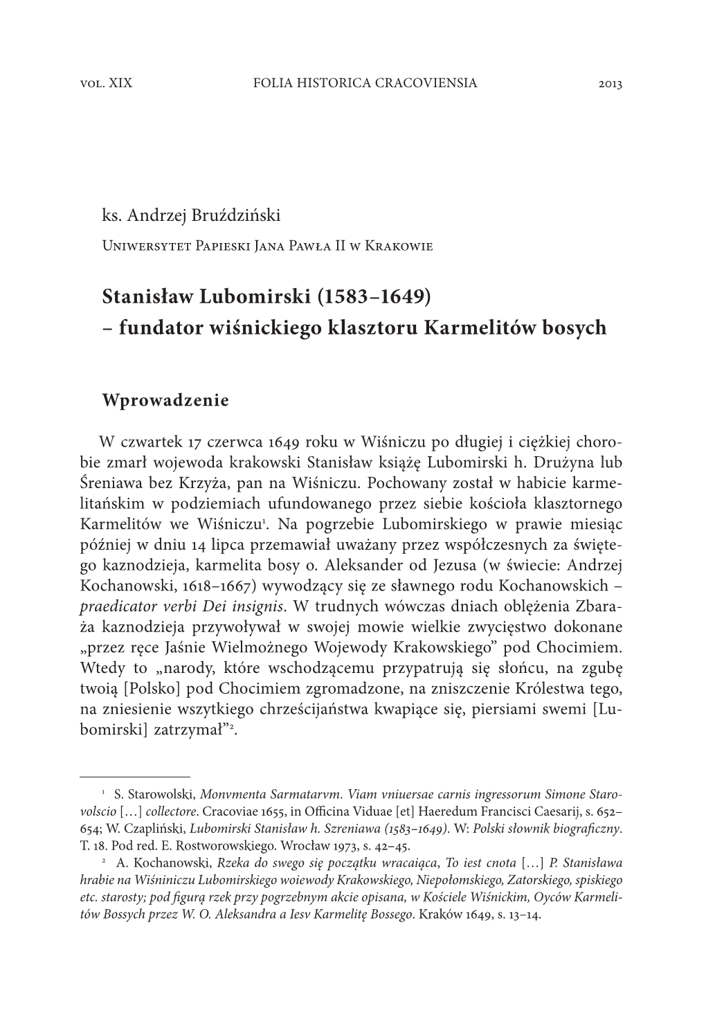 Stanisław Lubomirski (1583–1649) – Fundator Wiśnickiego Klasztoru Karmelitów Bosych