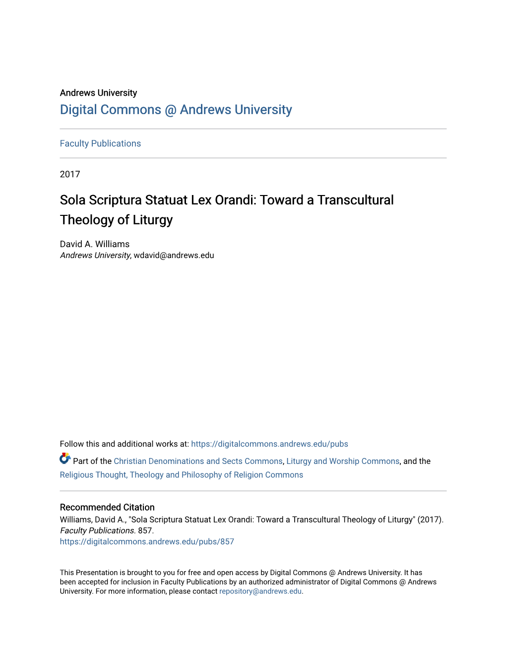 Sola Scriptura Statuat Lex Orandi: Toward a Transcultural Theology of Liturgy