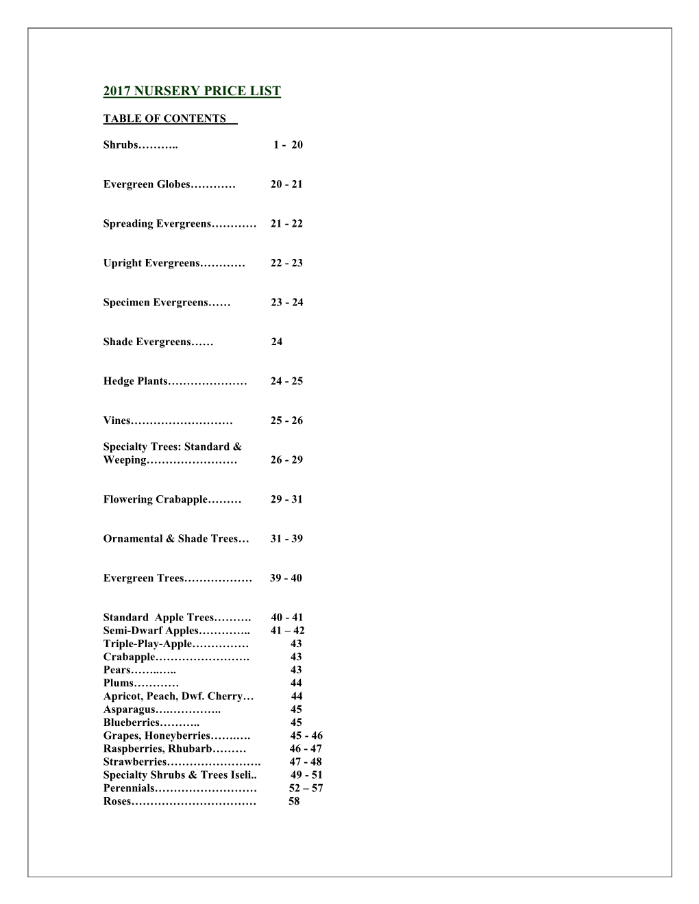 2001 Nursery Price List