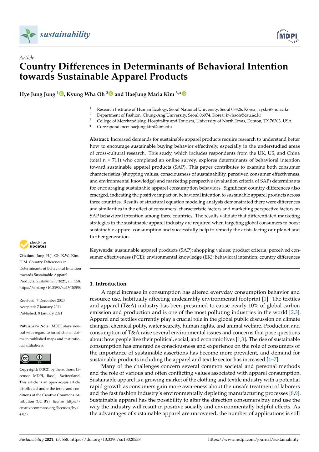 Country Differences in Determinants of Behavioral Intention Towards Sustainable Apparel Products