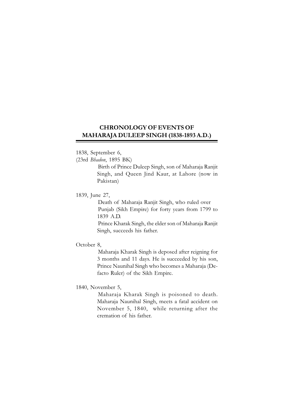 Chronology of Events of Maharaja Duleep Singh (1838-1893 A.D.)