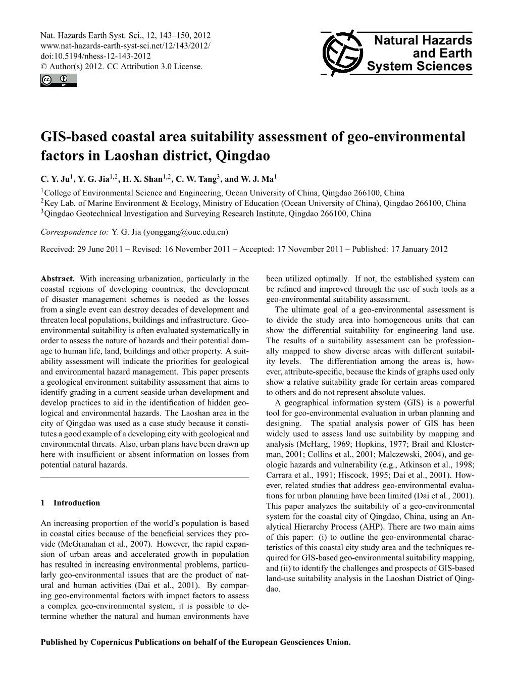 GIS-Based Coastal Area Suitability Assessment of Geo-Environmental Factors in Laoshan District, Qingdao