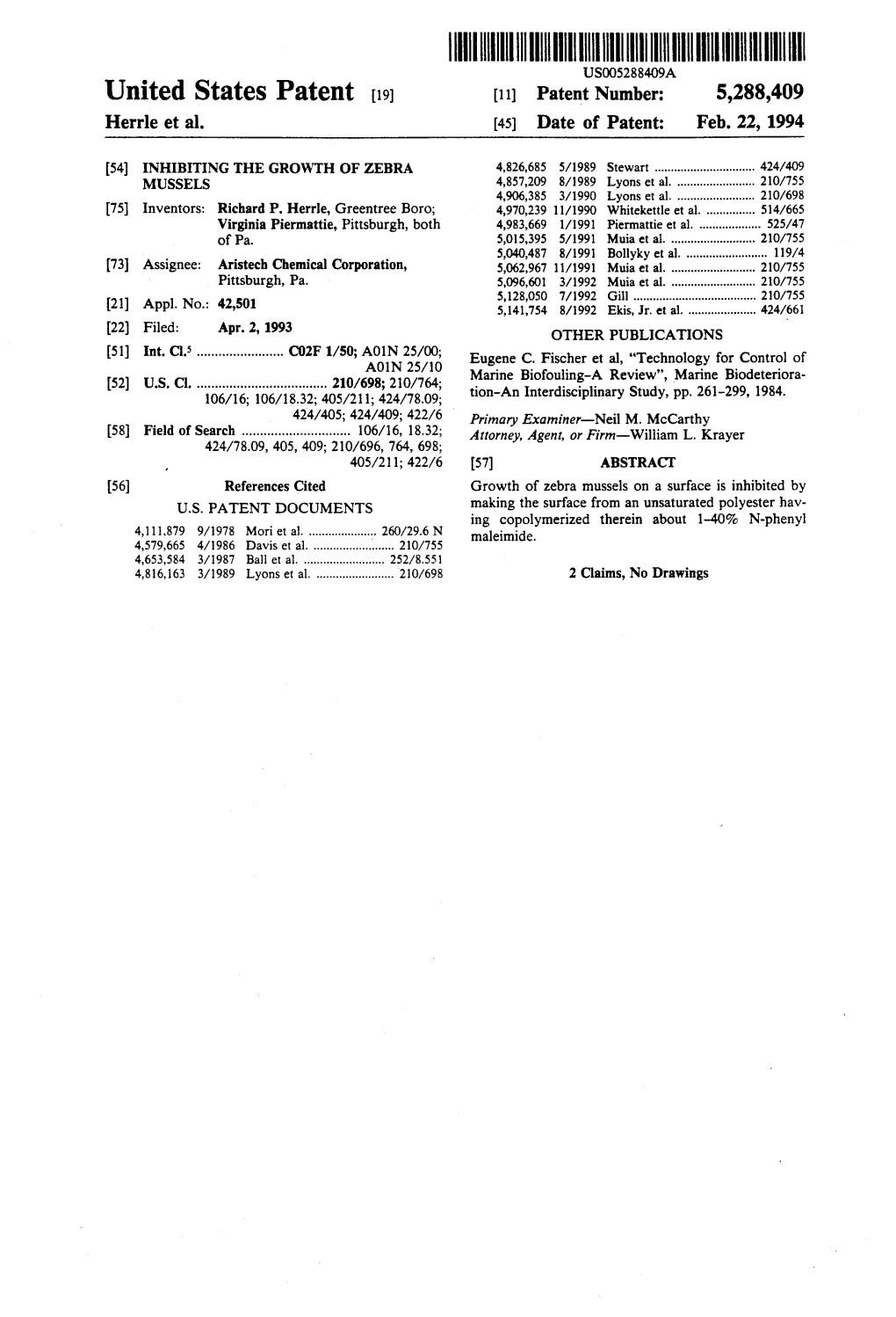 IIIHIIIHIIII USOO.52884O9A United States Patent (19) [11] Patent Number: 5,288,409 Herrle Et Al