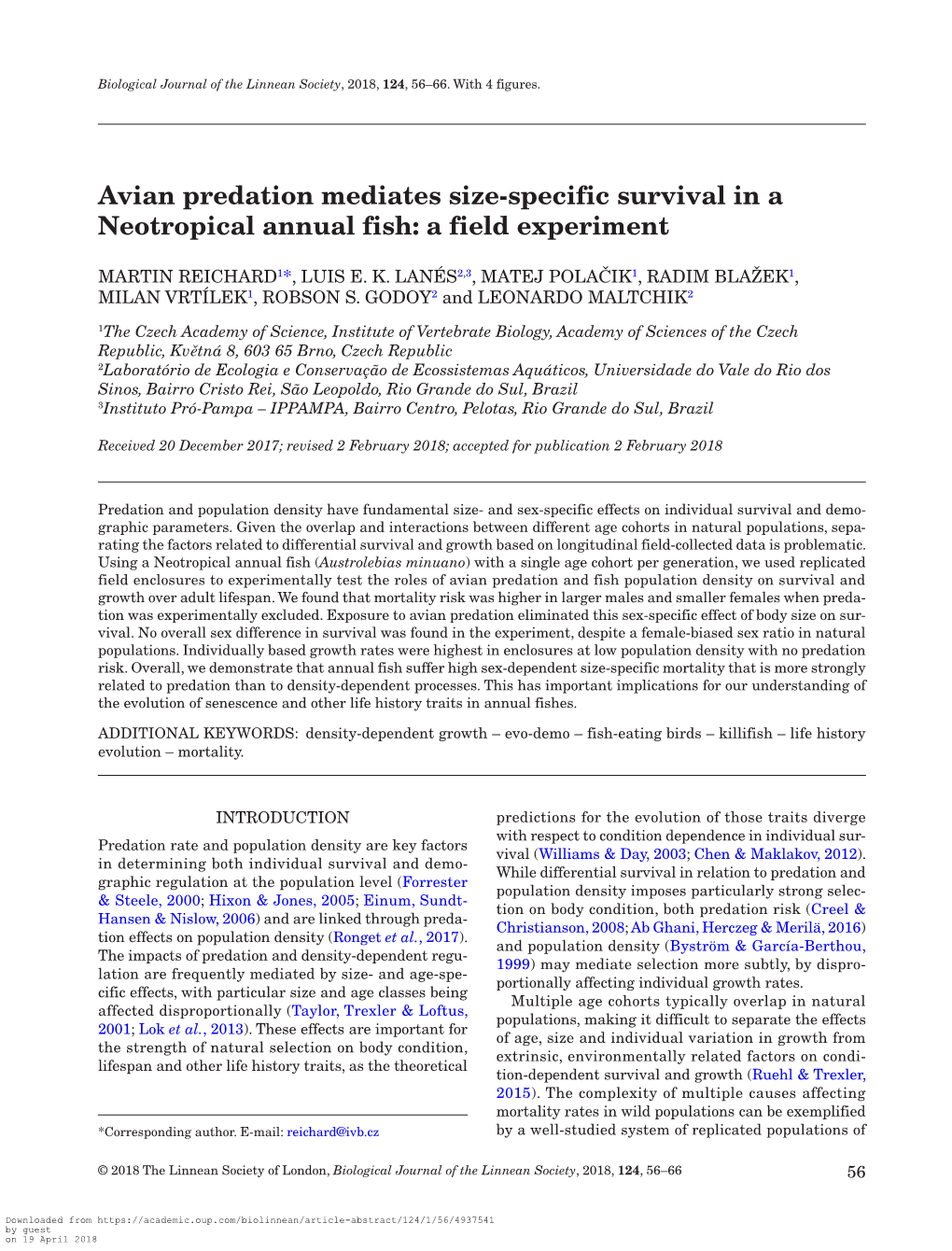 Avian Predation Mediates Size-Specific Survival in a Neotropical Annual Fish: a Field Experiment