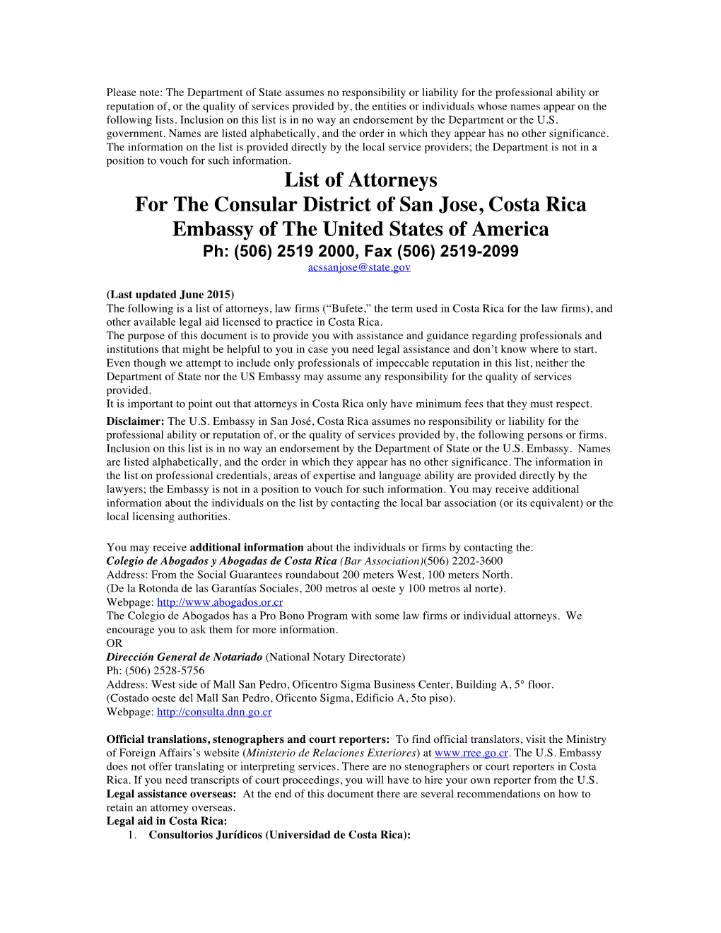 List of Attorneys for the Consular District of San Jose, Costa Rica