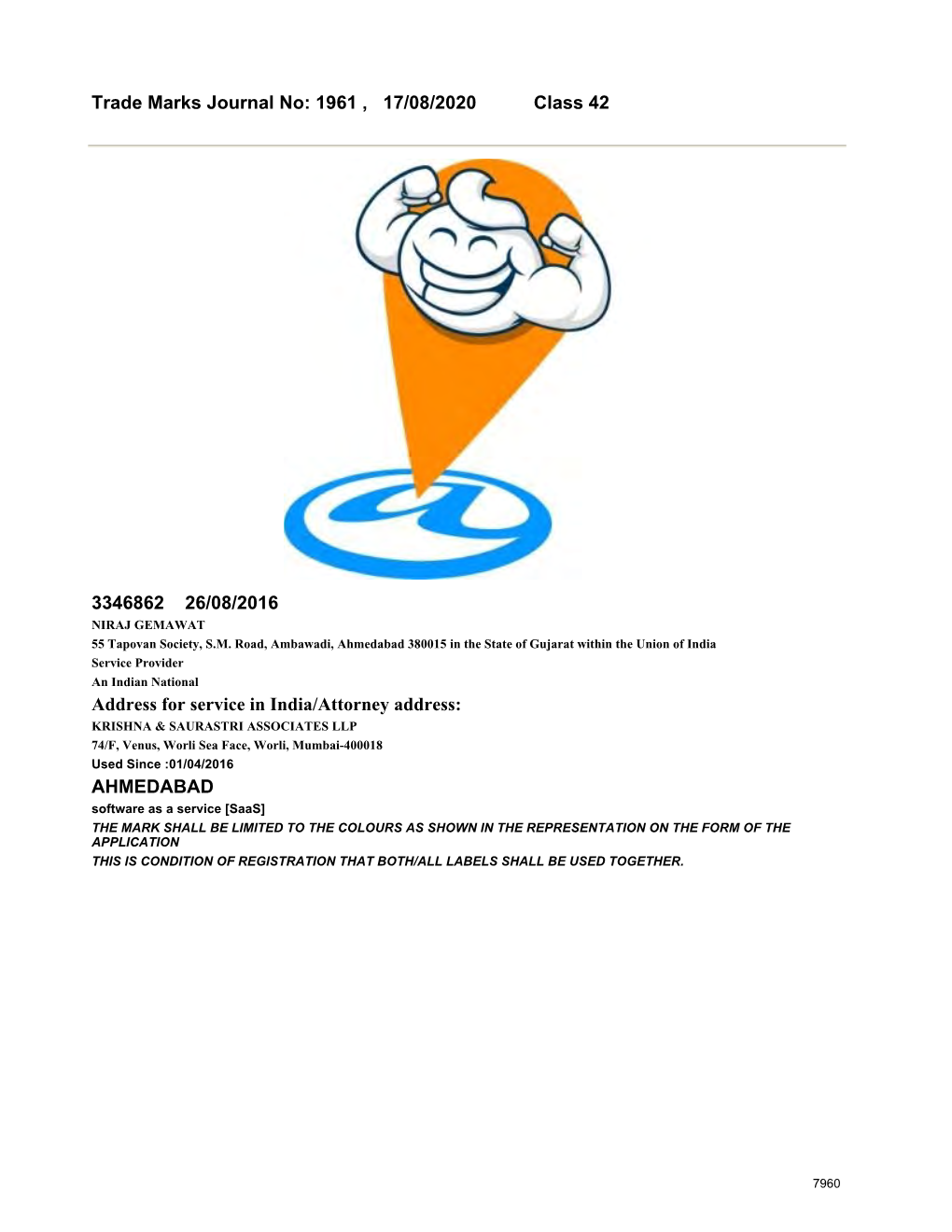 Trade Marks Journal No: 1961 , 17/08/2020 Class 42