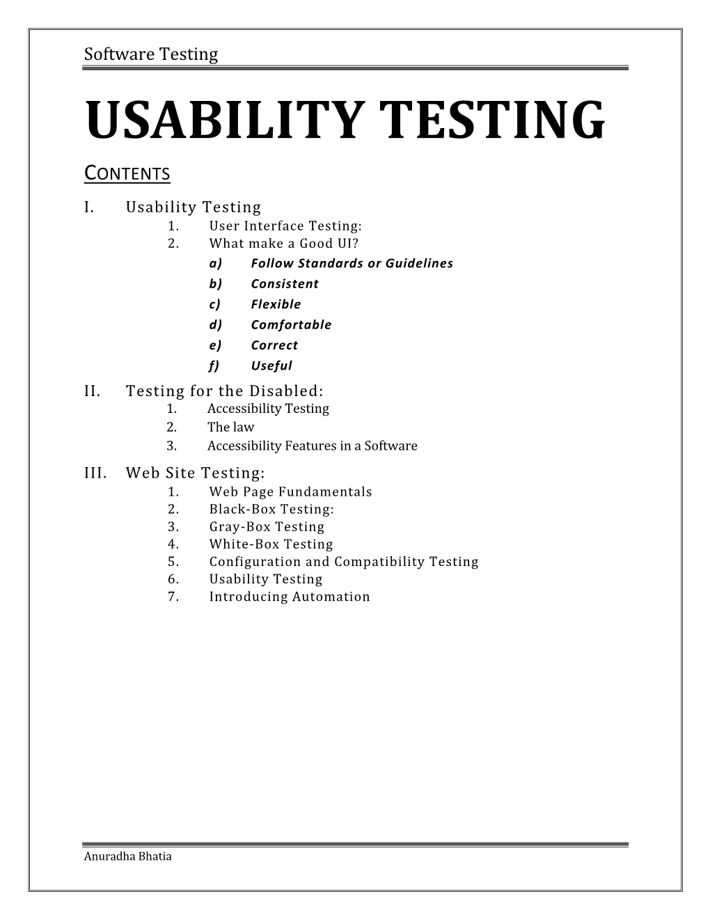 Usability Testing Contents I