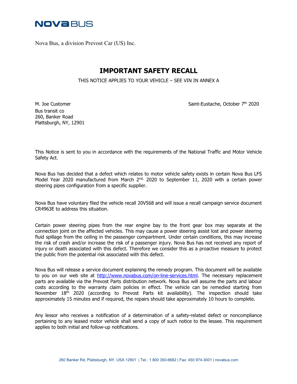 Important Safety Recall This Notice Applies to Your Vehicle – See Vin in Annex A