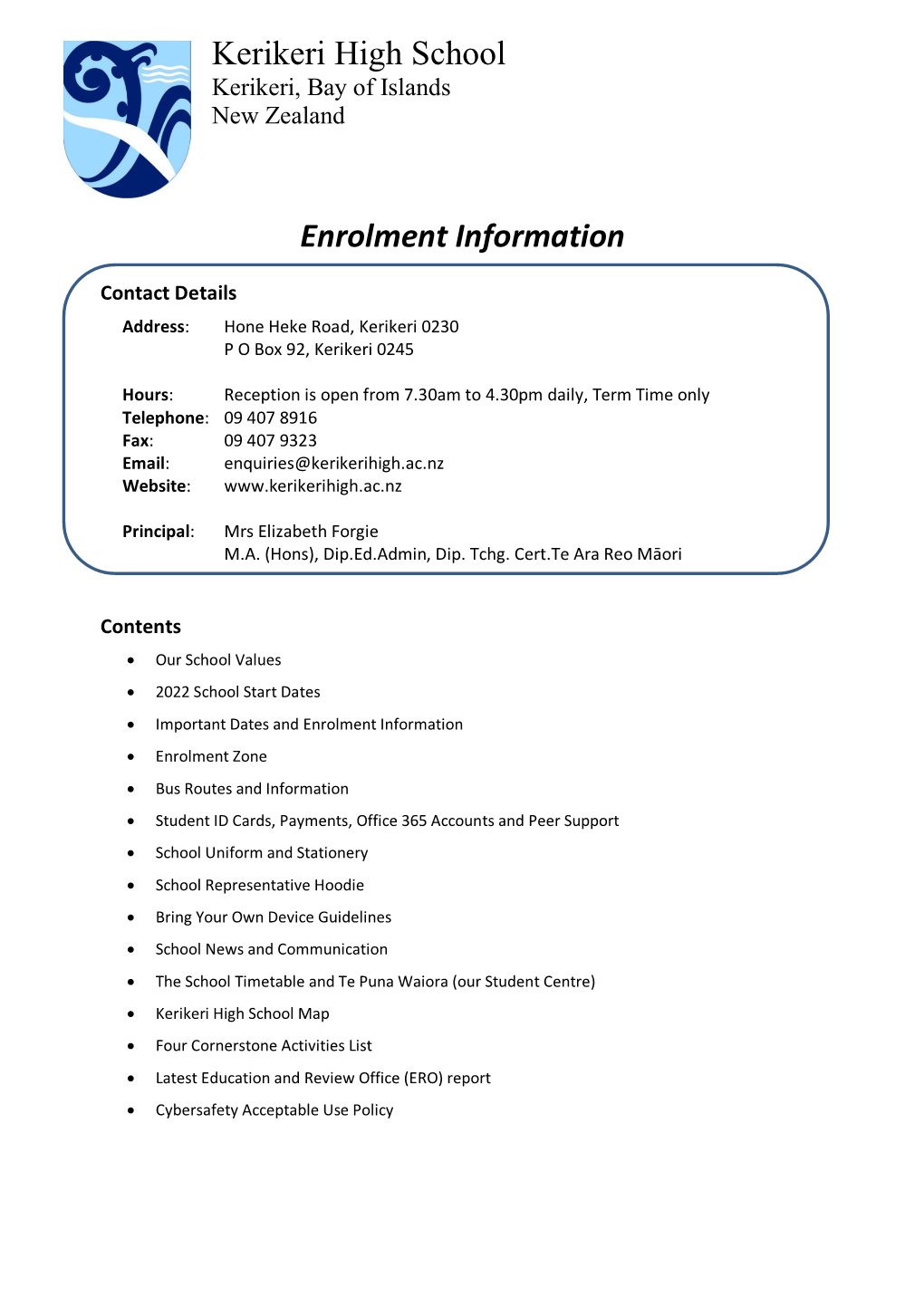 Kerikeri High School Enrolment Information