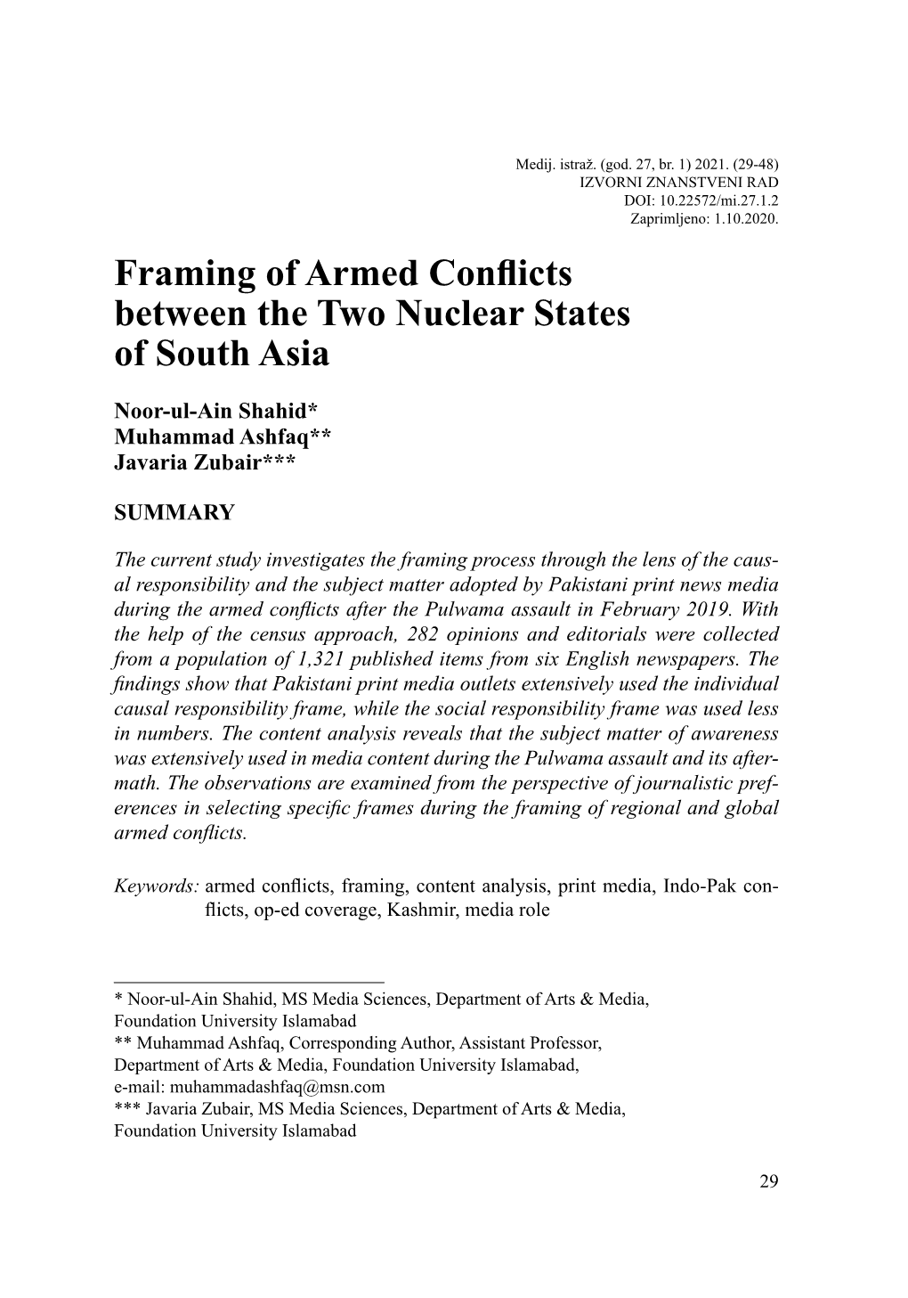 Framing of Armed Conflicts Between the Two Nuclear States of South Asia