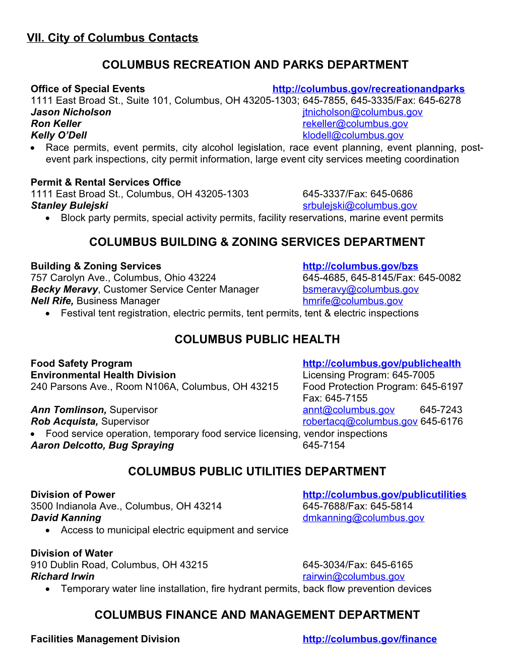 VII. City of Columbus Contacts