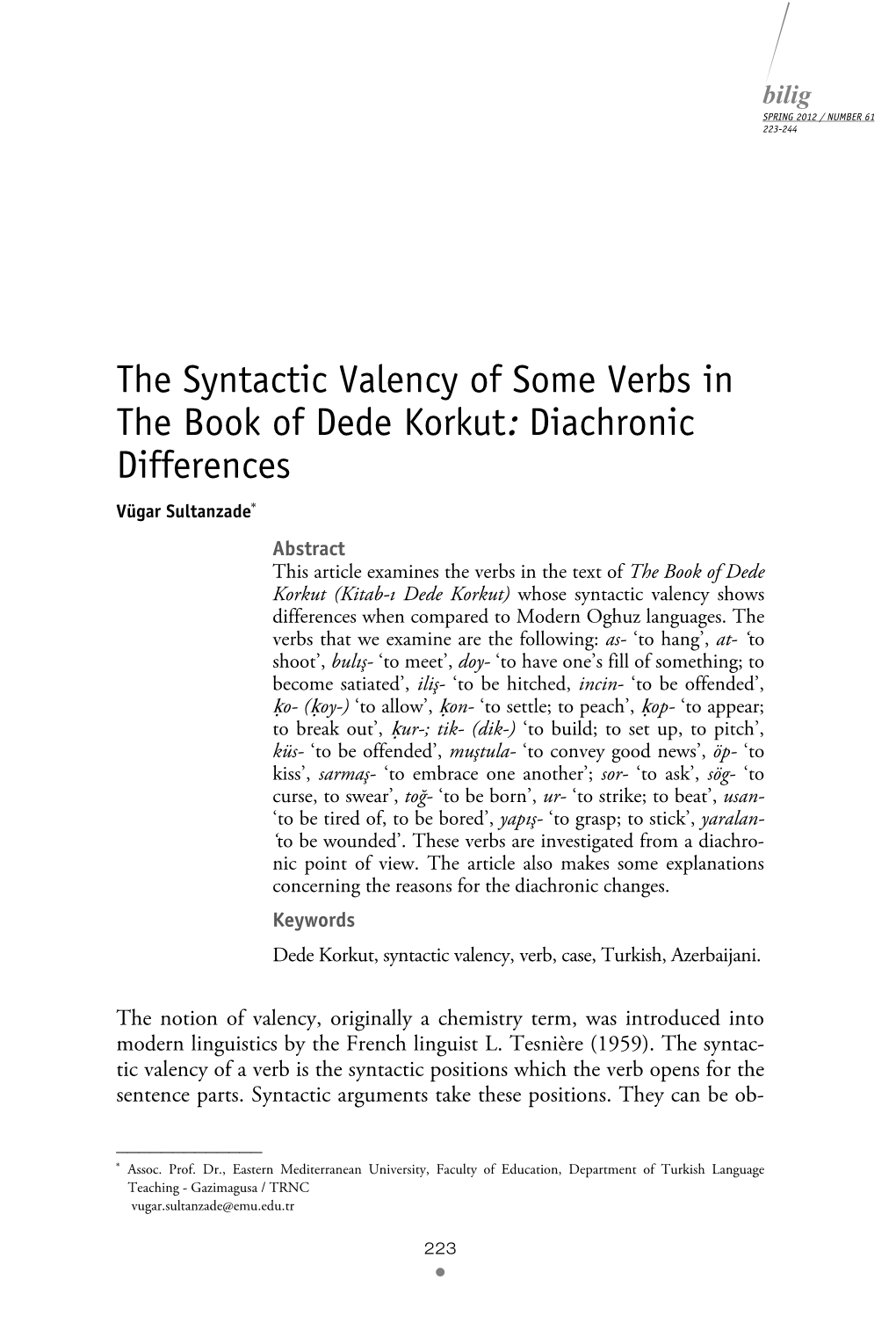 The Syntactic Valency of Some Verbs in the Book of Dede Korkut