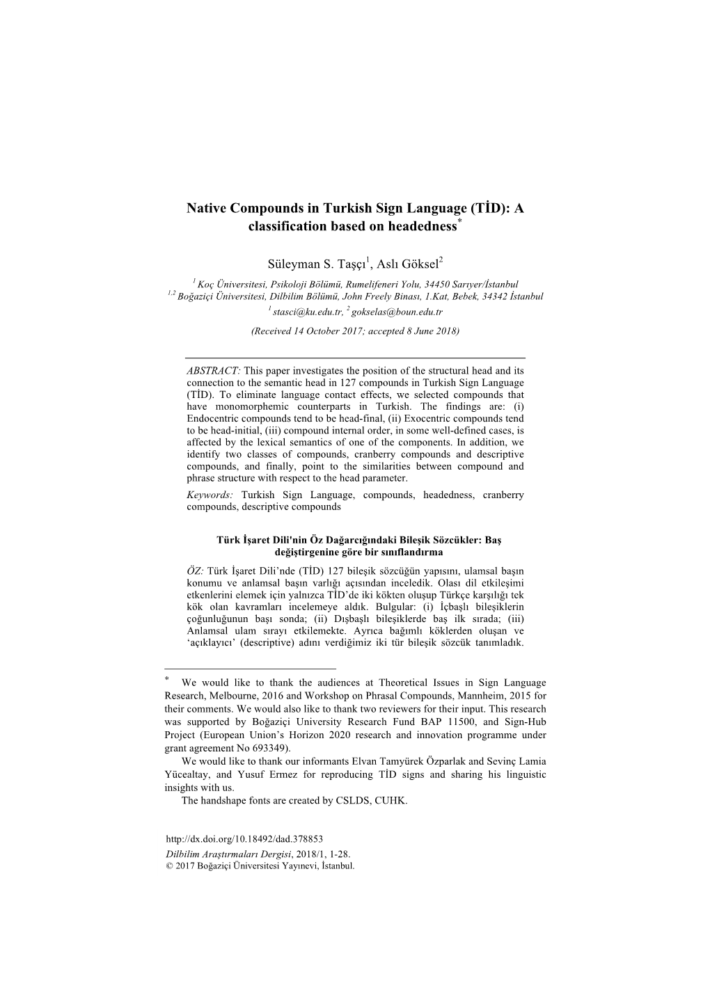 Native Compounds in Turkish Sign Language (TİD): a Classification Based on Headedness∗