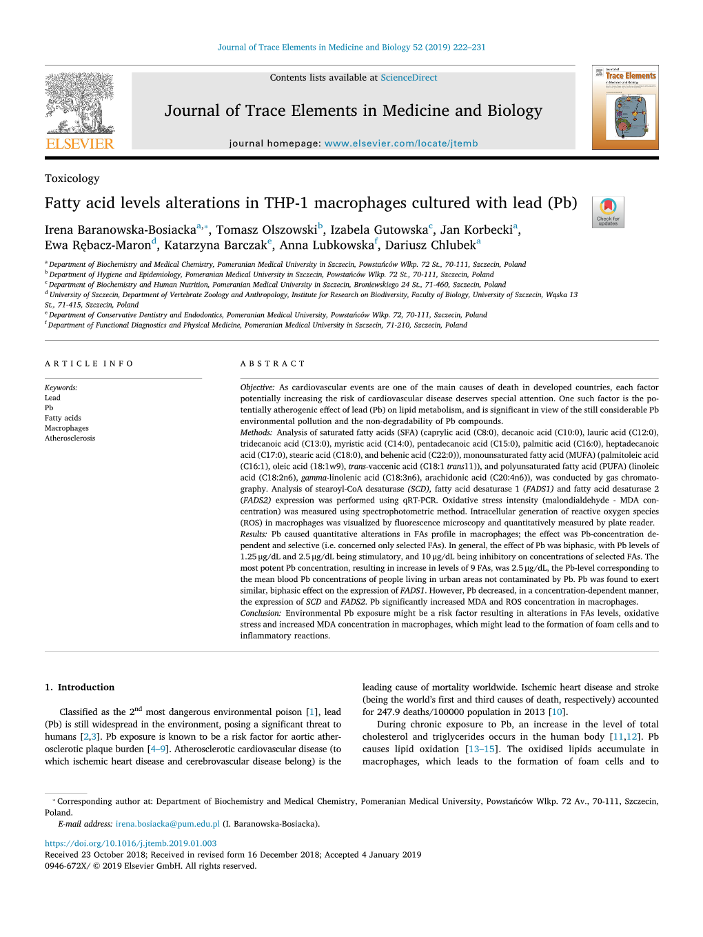 Journal of Trace Elements in Medicine and Biology Fatty Acid Levels