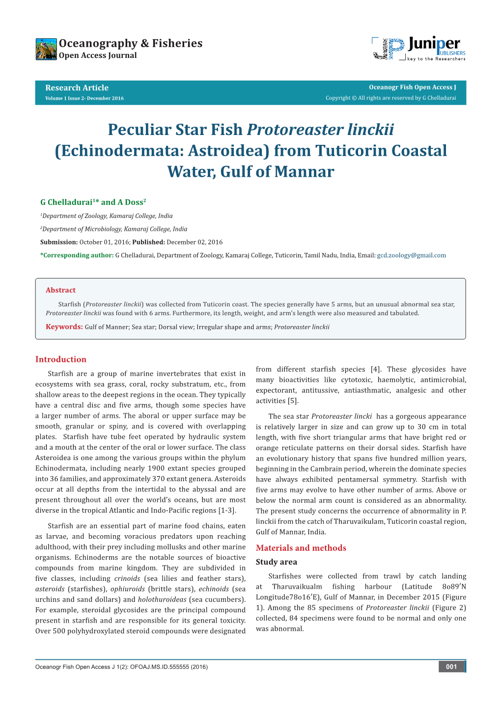 Peculiar Star Fish Protoreaster Linckii (Echinodermata: Astroidea) from Tuticorin Coastal Water, Gulf of Mannar