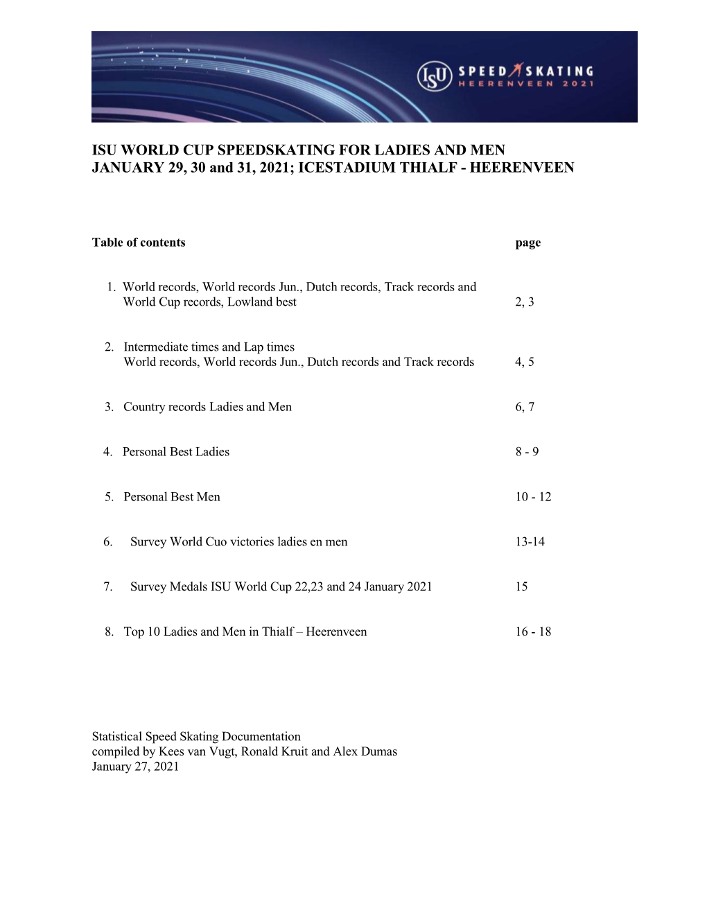 ISU WORLD CUP SPEEDSKATING for LADIES and MEN JANUARY 29, 30 and 31, 2021; ICESTADIUM THIALF - HEERENVEEN