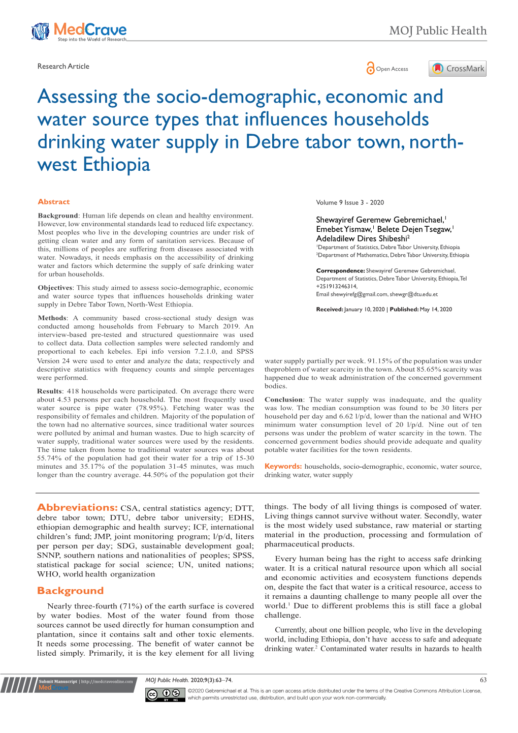 Assessing the Socio-Demographic, Economic and Water Source Types That Influences Households Drinking Water Supply in Debre Tabor Town, North- West Ethiopia