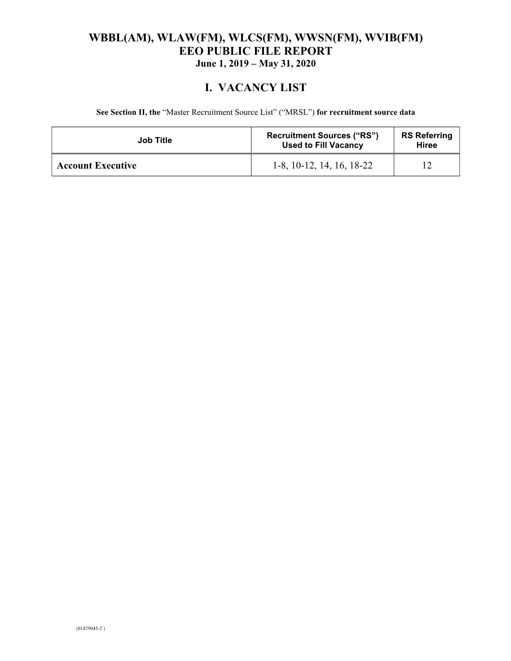 WBBL(AM), WLAW(FM), WLCS(FM), WWSN(FM), WVIB(FM) EEO PUBLIC FILE REPORT June 1, 2019 – May 31, 2020