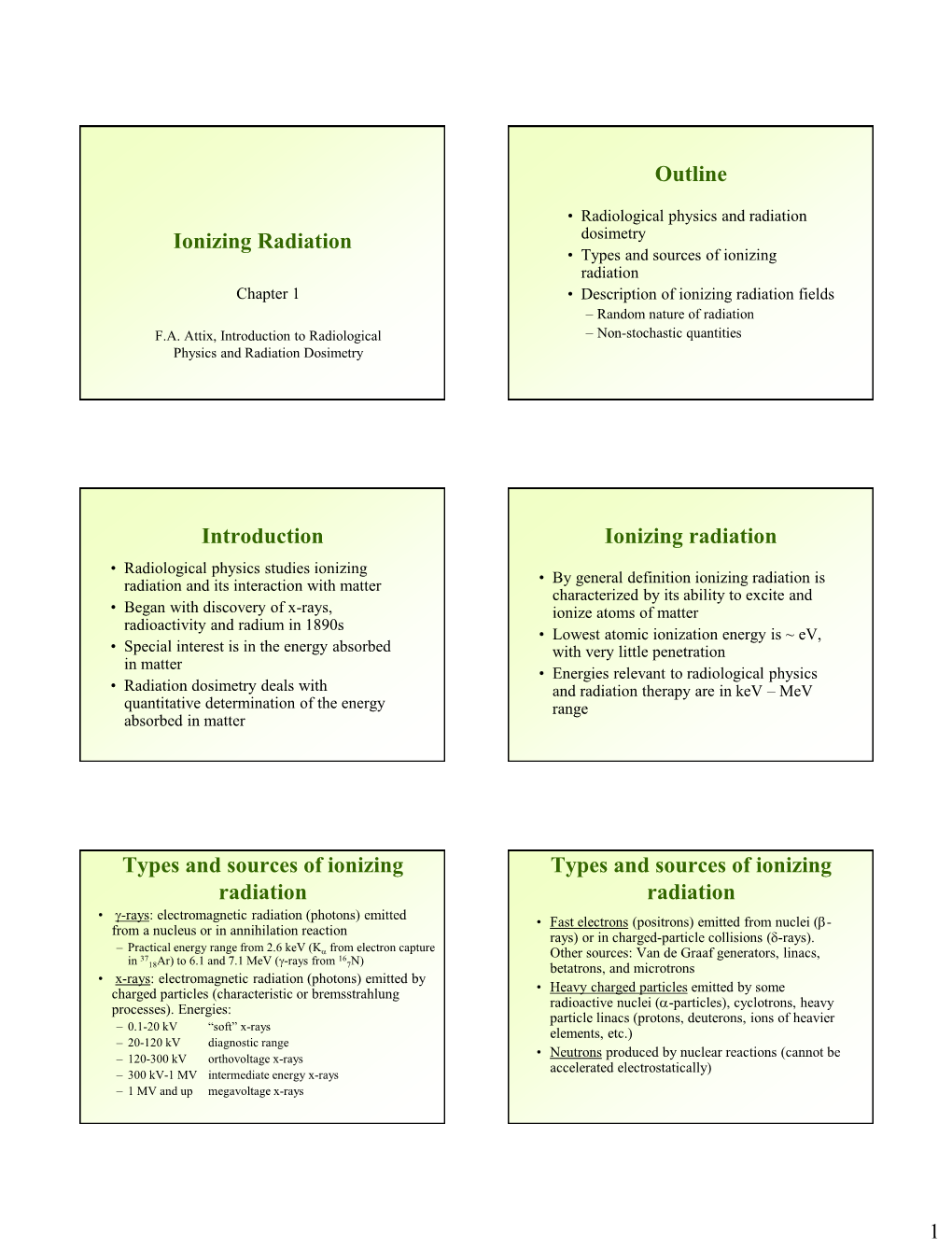 Ionizing Radiation Dosimetry • Types and Sources of Ionizing Radiation Chapter 1 • Description of Ionizing Radiation Fields – Random Nature of Radiation F.A