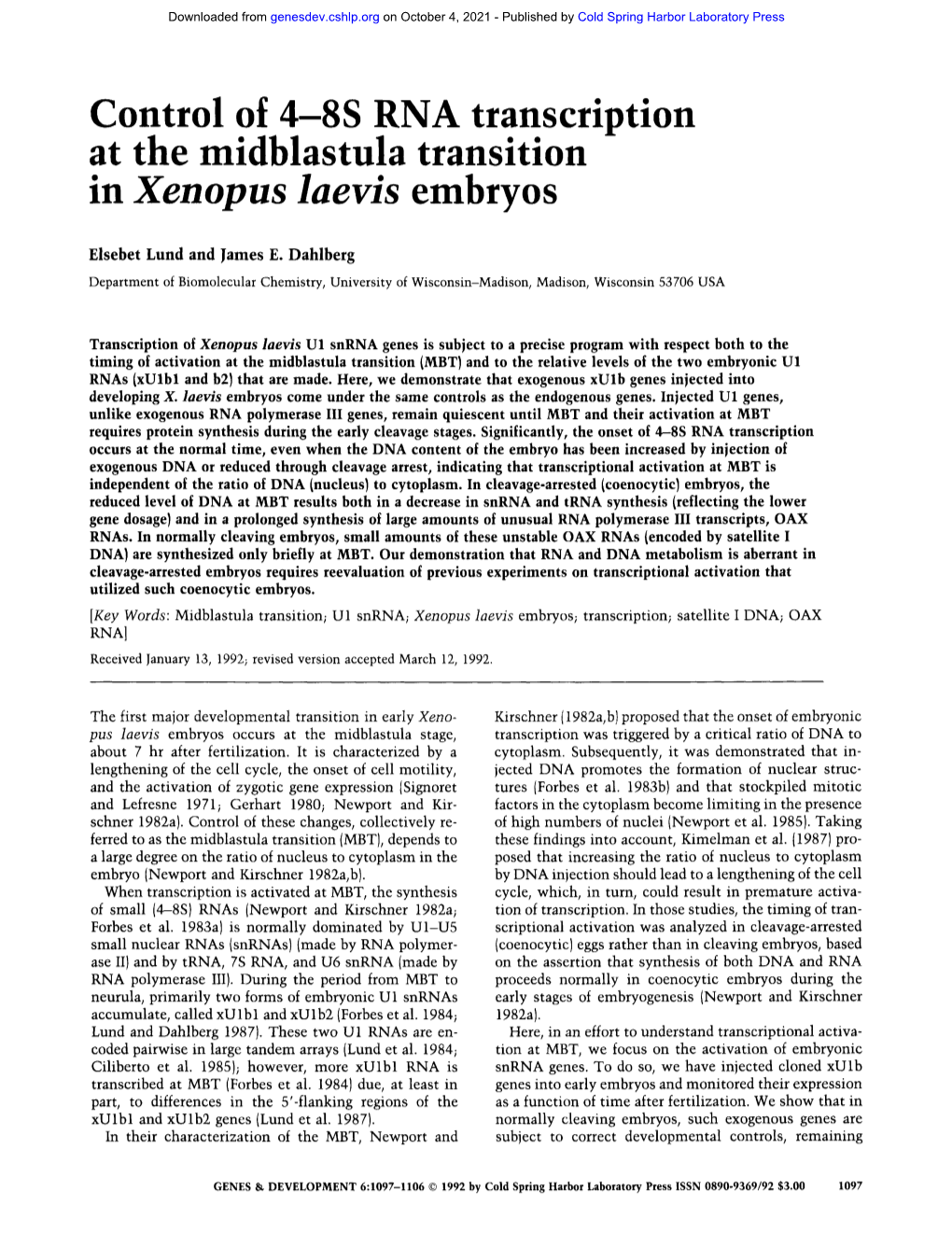 Control of 4-8S RNA Transcription at the Midblastu!A Transition M Xenopus Laevls Embryos