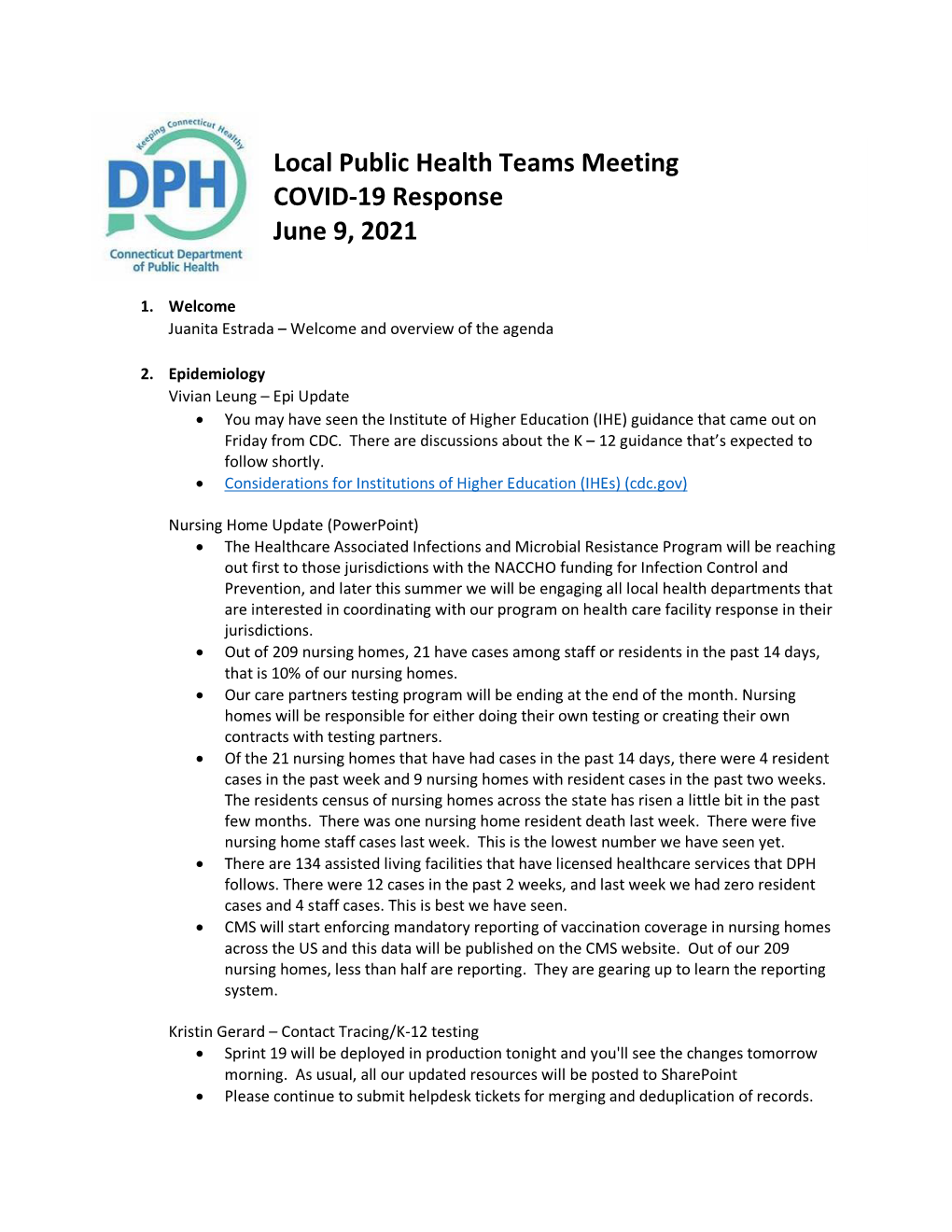 Local Public Health Teams Meeting COVID-19 Response June 9, 2021