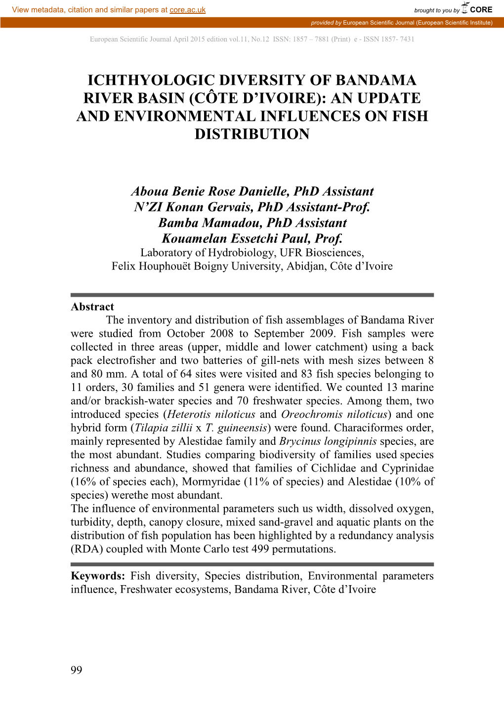 Ichthyologic Diversity of Bandama River Basin (Côte D’Ivoire): an Update and Environmental Influences on Fish Distribution