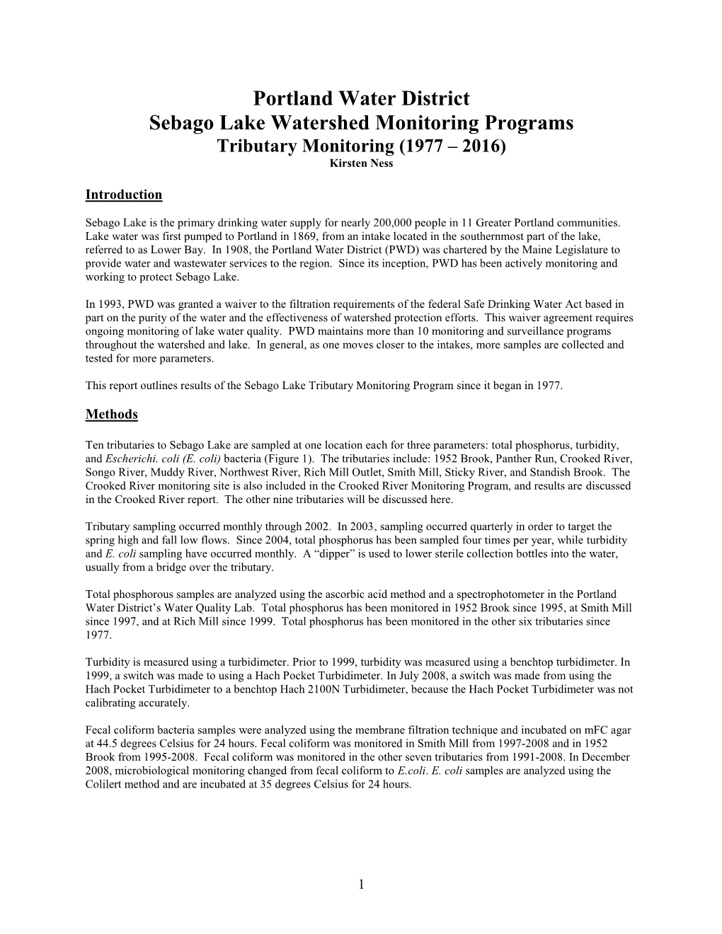 Sebago Lake Monitoring Results for 2003