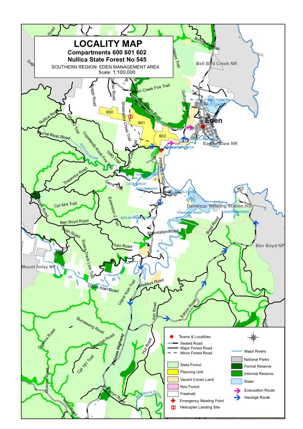 LOCALITY MAP Compartments 600 601 602 Nullica State Forest No 545 Bell Bird Creek NR SOUTHERN REGION: EDEN MANAGEMENT AREA South East Forest NP Scale: 1:100,000