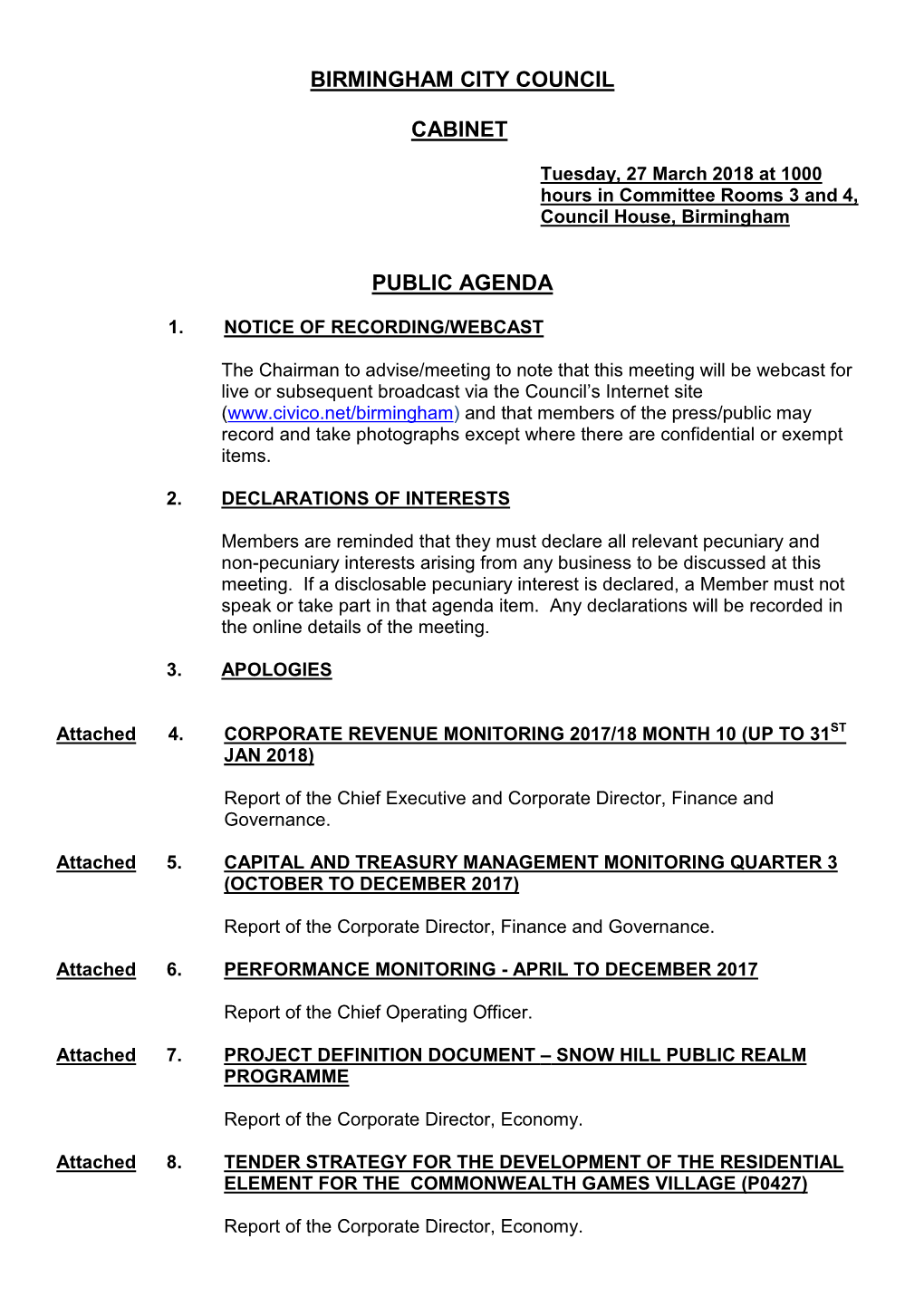 Birmingham City Council Cabinet Public Agenda