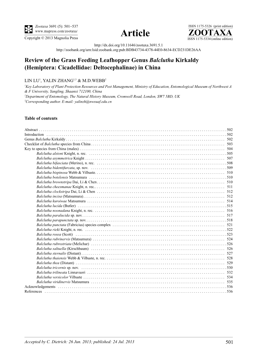 Review of the Grass Feeding Leafhopper Genus Balclutha Kirkaldy (Hemiptera: Cicadellidae: Deltocephalinae) in China