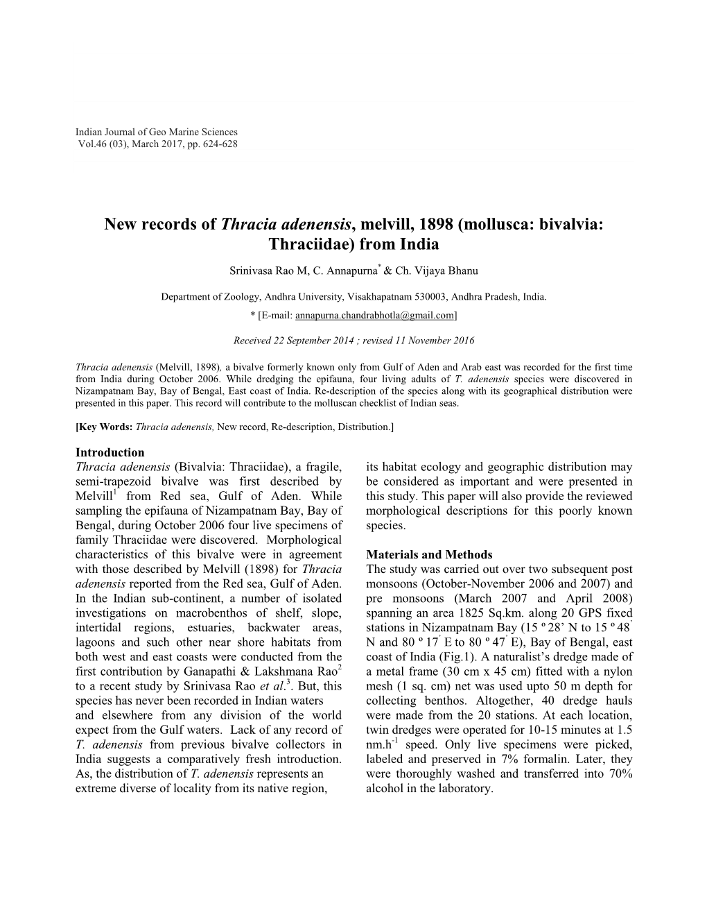 New Records of Thracia Adenensis, Melvill, 1898 (Mollusca: Bivalvia: Thraciidae) from India