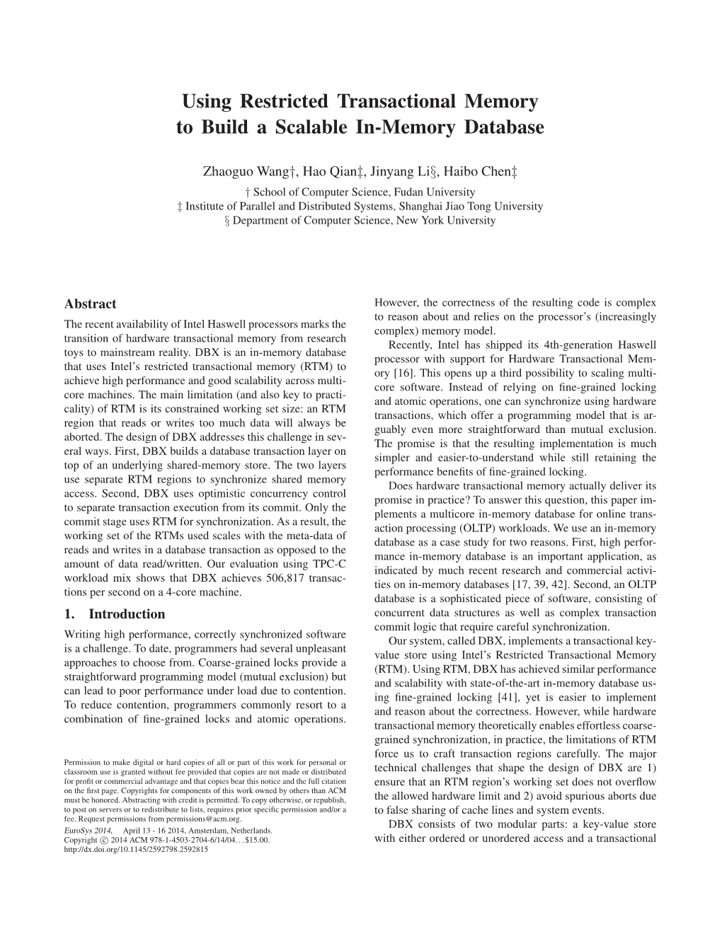 Using Restricted Transactional Memory to Build a Scalable In-Memory Database