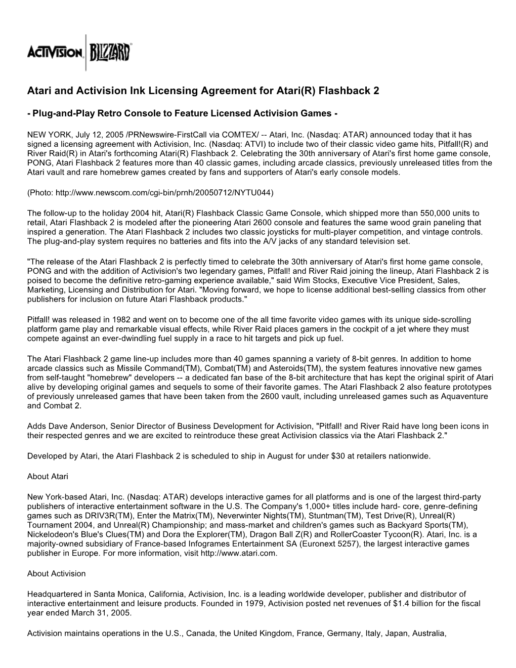 Atari and Activision Ink Licensing Agreement for Atari(R) Flashback 2