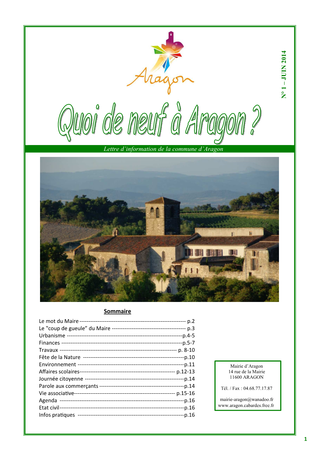 Lettre D'information De La Commune D'aragon Sommaire N ° 1 – JU IN