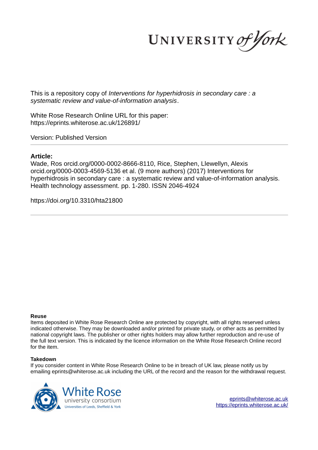 Interventions for Hyperhidrosis in Secondary Care : a Systematic Review and Value-Of-Information Analysis