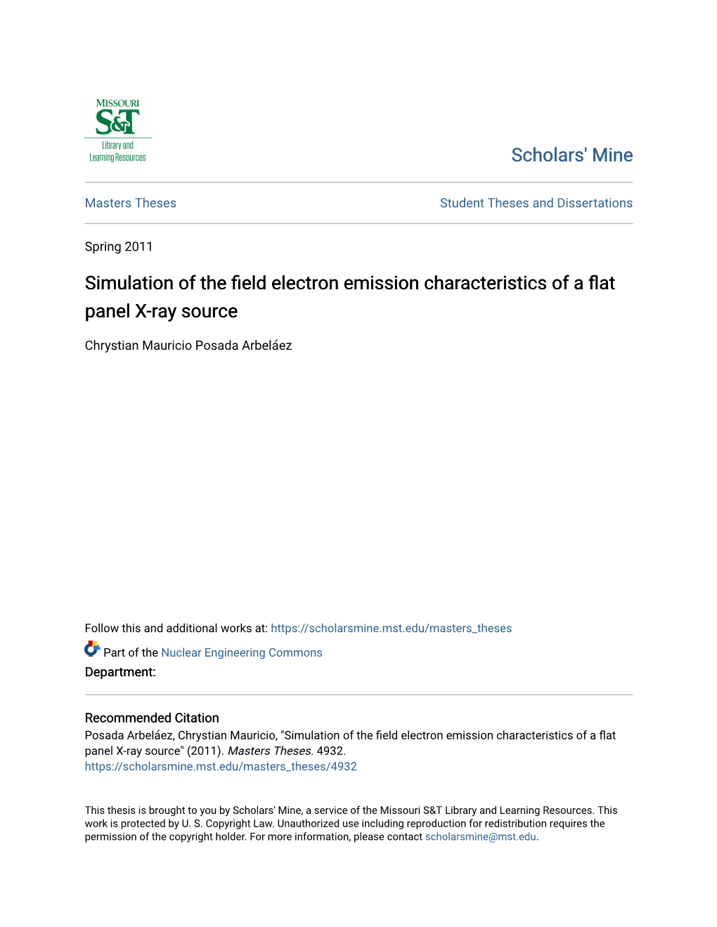 Simulation of the Field Electron Emission Characteristics of a Flat Panel X-Ray Source