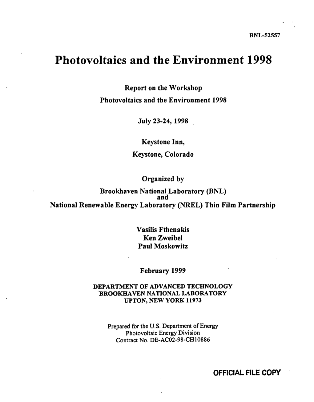 Photovoltaics and the Environment 1998