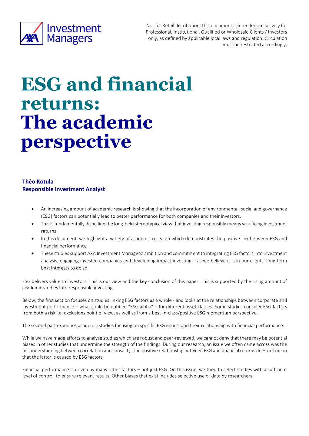 ESG and Financial Returns: the Academic Perspective