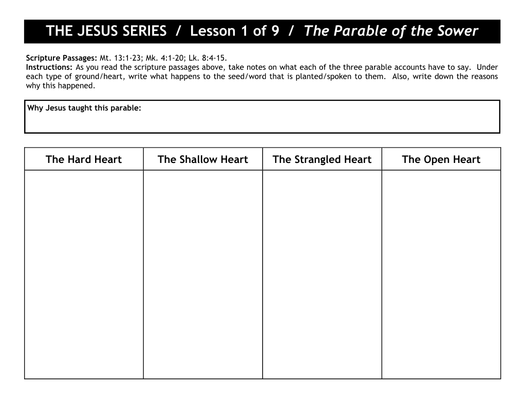 THE JESUS SERIES / Lesson 1 of 9 / the Parable of the Sower