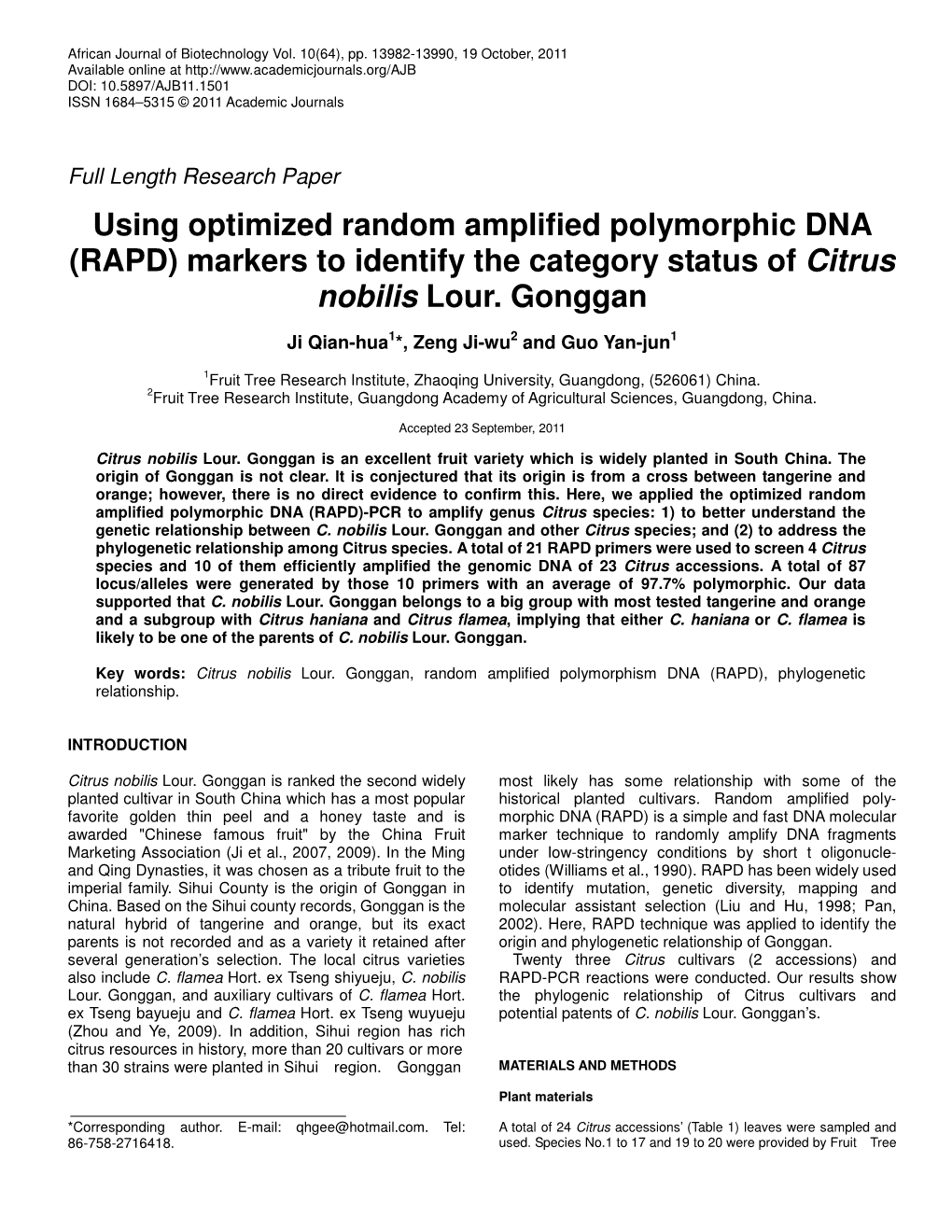 Using Optimized Random Amplified Polymorphic DNA (RAPD) Markers to Identify the Category Status of Citrus Nobilis Lour