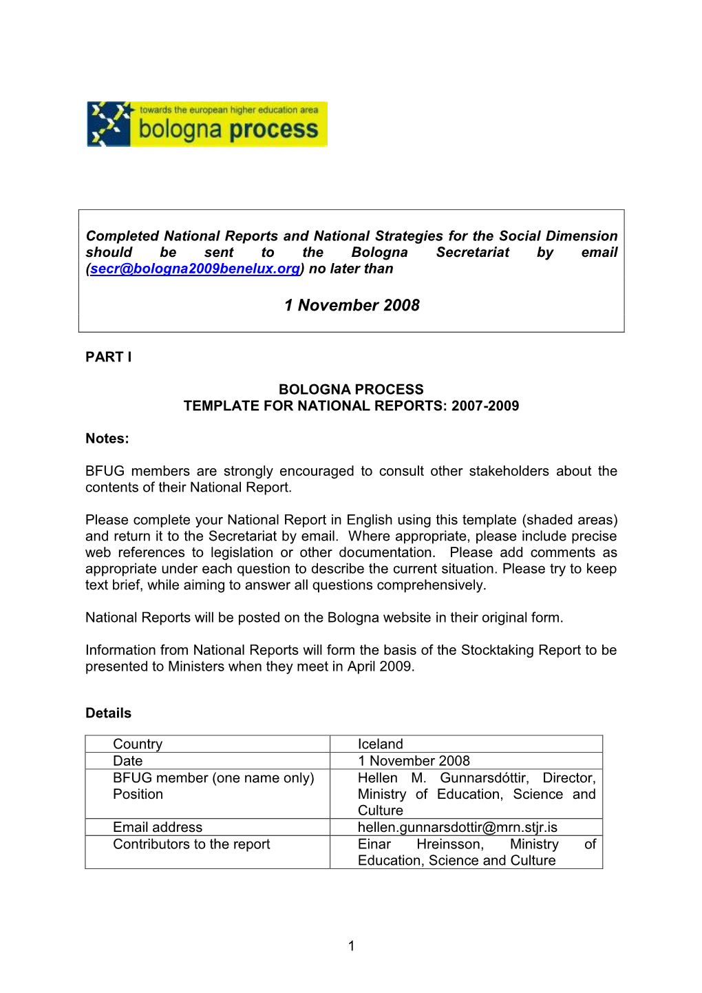 Bologna Process Template for National Reports: 2007-2009