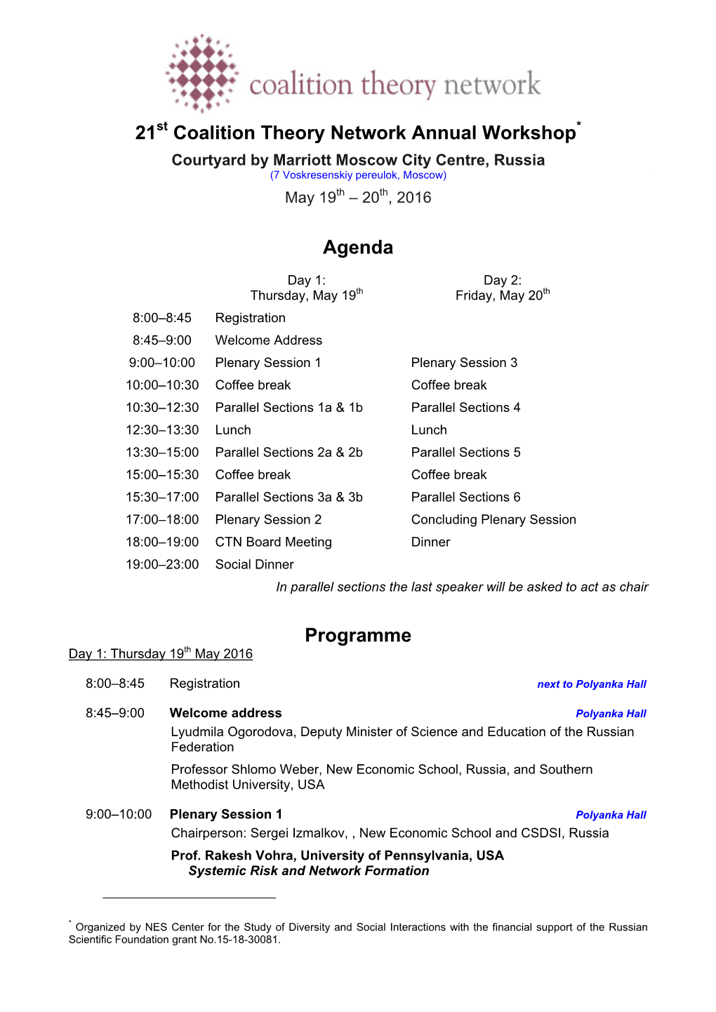 21 Coalition Theory Network Annual Workshop Agenda Programme
